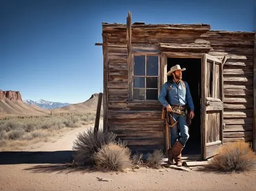 Old West architecture, abandoned town, worn wooden buildings, broken windows, rusty metal doors, faded signs, tumbleweeds, dusty streets, lone cowboy, weathered hat, rugged face, worn leather boots, h