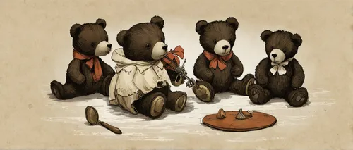 the bears,bears,bear cubs,whimsical animals,teddy bears,woodland animals,brown bears,arrowroot family,anthropomorphized animals,grizzlies,black bears,game illustration,beavers,villagers,kids illustration,ice bears,foragers,teddies,stuffed animals,wooden figures,Illustration,Black and White,Black and White 02