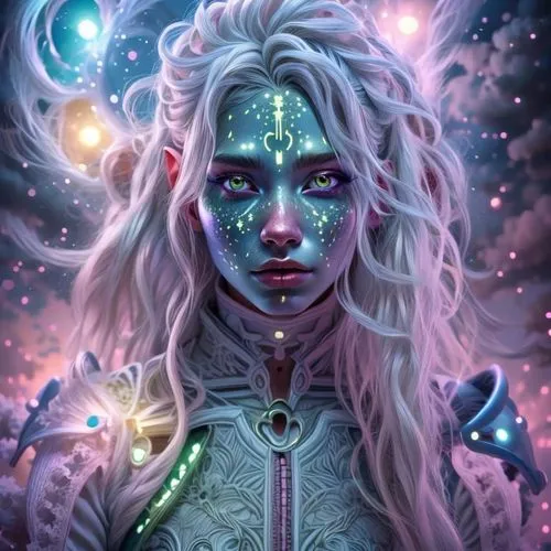 a woman with blue makeup and a white wig is standing in front of clouds,fantasy portrait,fantasy art,starchild,zodiac sign libra,callisto,fantasy woman