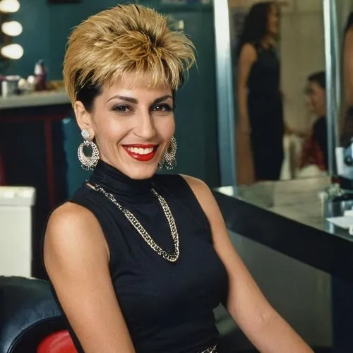 Portrait of  attractive elegant rich happy smiled laughing red lipsticked 40 years old arabic woman leaning on hip, red lipstick, 80's bicolur blonde mullet hair long on back and pushed up short on to