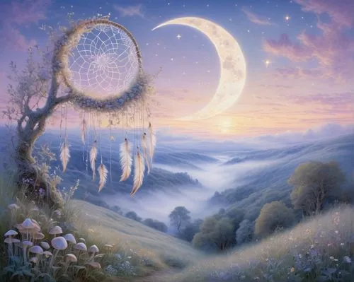 dreamy, whimsical, surreal, fantasy world, Wombo, clouds, fluffy, pastel colors, dreamcatcher, stars, crescent moon, glowing mushrooms, soft focus, ethereal lighting, gentle mist, shimmering fabric, f