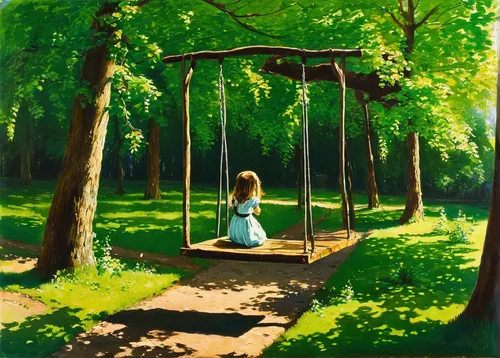 Write a suspenseful story that involves a creaking swing at an abandoned park.,empty swing,garden swing,wooden swing,child in park,swing set,girl with tree,hanging swing,tree with swing,girl in the ga