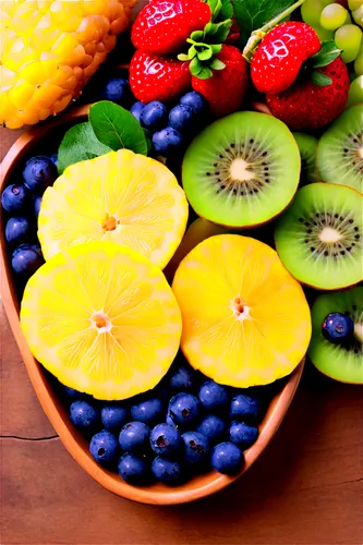 Colorful fruit salad, assorted fruits, grapes, strawberries, blueberries, pineapple, orange, kiwi, fresh green leaves, wooden table, natural lighting, shallow depth of field, vibrant colors, 3/4 compo