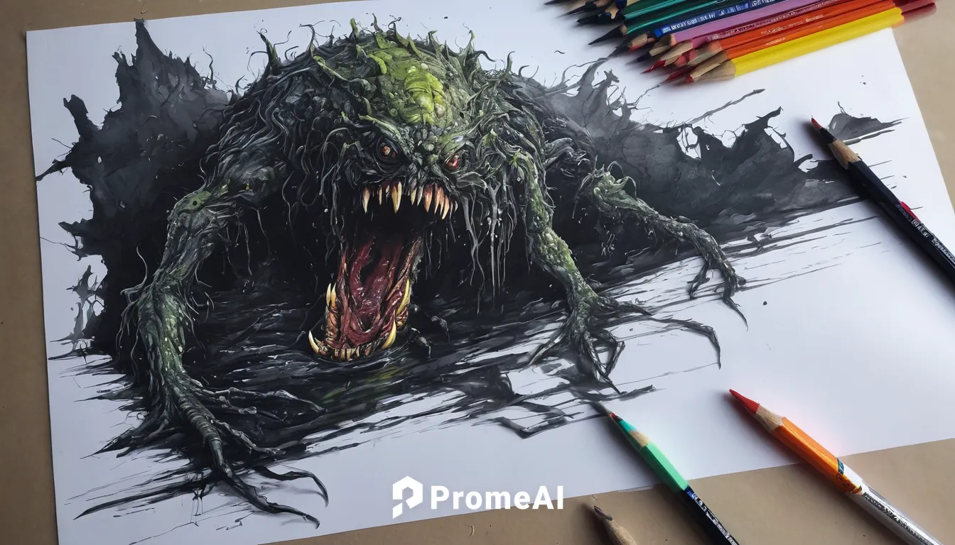 Draw a horrifying horror illustration of a monstrous creature crawling out of a dark abyss.,godzilla,hand-drawn illustration,monster,outbreak,venom,pencil color,color pencil,zombie,pencil art,color pe