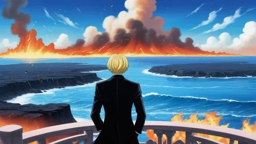 Sanji of OnePiece, wearing a dark suit, stands on a balcony, looking out into a hellish landscape. Instead of a peaceful ocean and blue sky, the view consists of a fiery, infernal abyss. The sky is fi