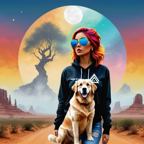 girl with dog,rosa ' amber cover,dog illustration,howling wolf,sci fiction illustration,companion dog,human and animal,native american indian dog,my dog and i,dusk background,renegade,clementine,photomanipulation,digital compositing,color dogs,album cover,bohemian shepherd,altiplano,portrait background,world digital painting,Unique,Design,Logo Design