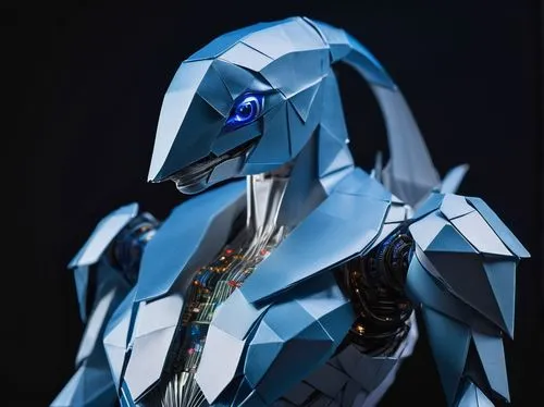 Beluga AI robot, futuristic, metallic body, glowing blue eyes, advanced CPU core, wires, circuits, motherboard, holographic display, sleek design, high-tech laboratory, neon lights, dark background, c