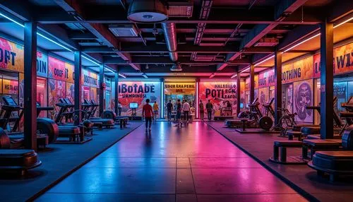 Vibrant gym interior, bold color scheme, energetic atmosphere, motivational quotes, modern fitness equipment, sleek metal frames, rubber flooring, dynamic lighting, neon accents, urban industrial vibe