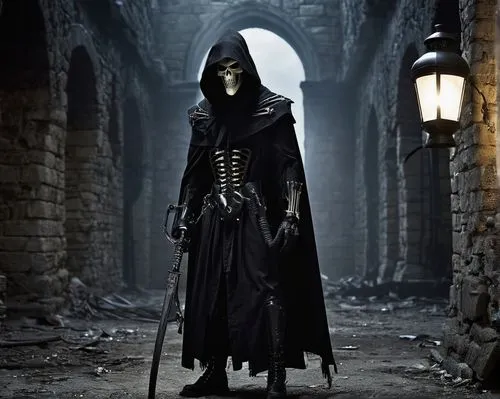 grim reaper, male, dark hood, white bone mask, black cloak, tattered edges, worn boots, scythe in hand, standing, spooky atmosphere, dim lantern light, old stone walls, abandoned castle, eerie mist, 3