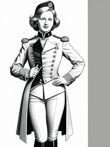 Fit my distinguished Prussian friend, Dame Colonel-General Ficky-Louise von Manteuffel, with a tight-fitting ladies' uniform.,a drawing of a man in uniform standing in front of a white background,minu