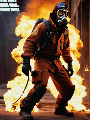 Team Fortress 2 Pyro, no mask, visible face, expressive eyes, flame-patterned bandana, fireproof suit, textured gloves, flamethrower, action pose, dynamic flames, industrial background, abandoned ware