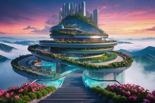 futuristic landscape,utopian,fantasy city,ecotopia,fantasy picture,fantasy landscape,3d fantasy,futuristic architecture,fantasy world,citadels,sky apartment,kinkade,principality,shambhala,dreamhouse,wonderlands,skyscraper,sky space concept,utopias,skylstad,Illustration,Retro,Retro 01