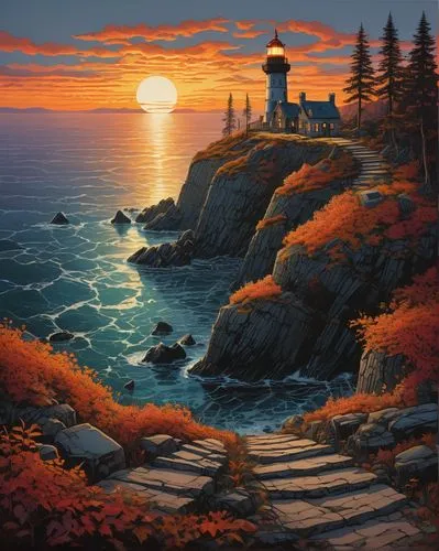 coastal landscape,lighthouse,lighthouses,red lighthouse,light house,coast sunset,pei,lake superior,sea landscape,landscape background,hildebrandt,beach landscape,maine,autumn landscape,fall landscape,robert duncanson,seascape,fantasy landscape,kinkade,world digital painting,Illustration,Realistic Fantasy,Realistic Fantasy 06