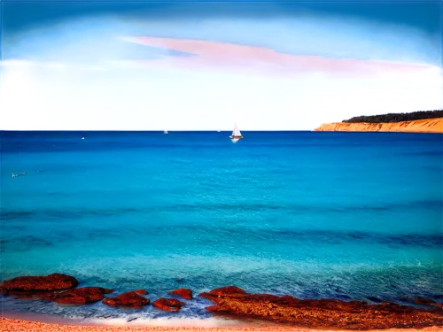 Ocean scene, panoramic view, calm turquoise water, gentle waves, sandy beach, rocky shoreline, seagulls flying overhead, sailing boat in distance, sun shining down, warm lighting, soft focus, shallow 