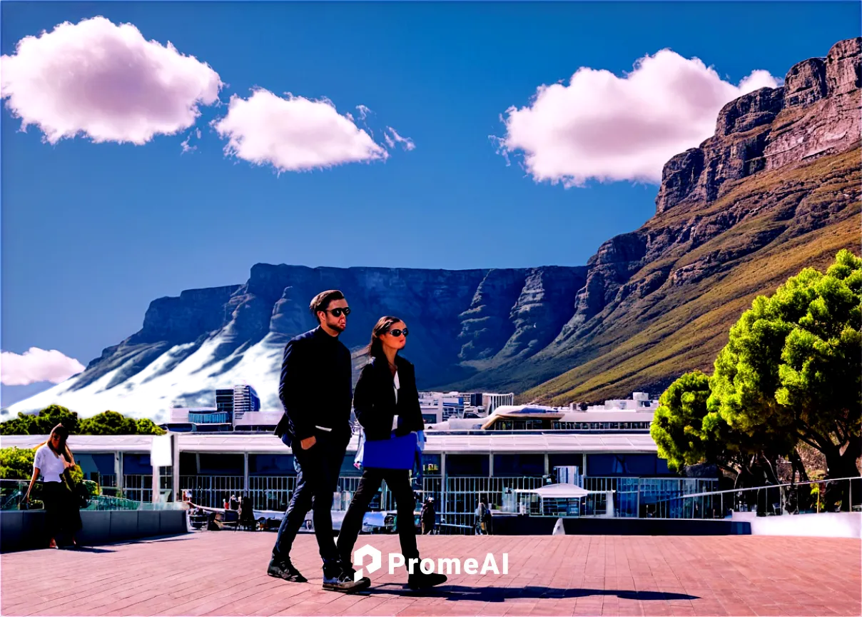 Cape Town, cityscape, Table Mountain, panoramic view, sunny day, blue sky, white clouds, modern architecture, glass buildings, busy streets, people walking, cameras, tourists, casual wear, summer, vib