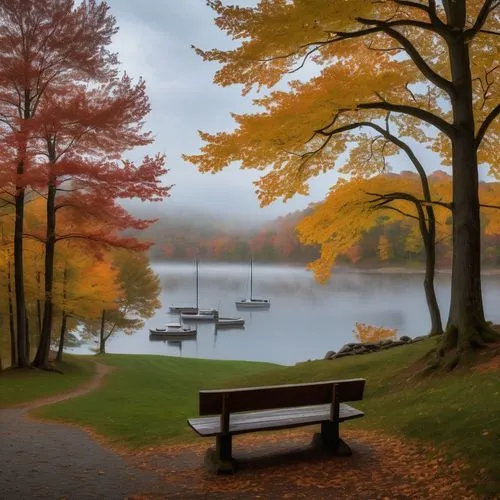 autumn scenery,fall landscape,autumn idyll,autumn background,autumn landscape,park bench,fall foliage,autumn morning,autumn fog,autumn in the park,beautiful lake,lake shore,autumn day,forest lake,wooden bench,world digital painting,autumn park,the autumn,colors of autumn,landscape background,Conceptual Art,Oil color,Oil Color 16