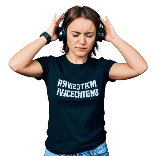 Ears plugged, painful expression, sweat droplets, messy brown hair, worn-out headphones, torn jeans, black band t-shirt, intense lighting, close-up shot, shallow depth of field, high contrast, dramati