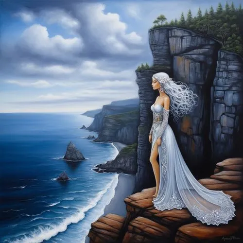 a painting of a woman with long white hair and dress standing on a cliff overlooking the ocean,fantasy picture,fantasy art,amphitrite,fathom,cliffside,mermaid background,Illustration,Abstract Fantasy,