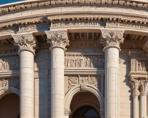 Ancient Roman architecture, grandiose, monumental, ornate, arches, columns, domes, vaulted ceilings, rusticated stones, travertine, marble, granite, Corinthian capitals, pilasters, entablatures, friez