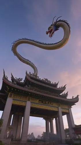 A Chinese dragon soars through the clouds in the sky, surrounded by mist.,dragon bridge,chinese dragon,flying snake,flying noodles,golden dragon,painted dragon,inner mongolia,chinese clouds,fire breat