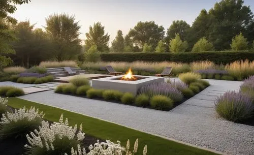 exterior rendering modern design using black and white colors and wood and glass   ,a garden with benches and tables in the distance,landscape designers sydney,landscape design sydney,garden design sy