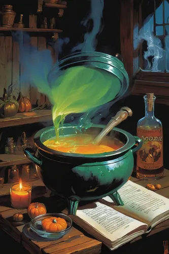 cauldron,candy cauldron,potter's wheel,potions,conjure up,dwarf cookin,fire bowl,copper cookware,potion,cooking pot,magical pot,feuerzangenbowle,pumpkin soup,cooking oil,cooking book cover,witch broom,pea soup,celebration of witches,cookery,witches,Conceptual Art,Oil color,Oil Color 04