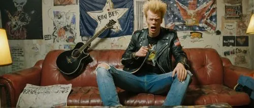 Beavis, Butthead, 90s metal band, realistic, detailed facial features, messy blonde hair, black leather jacket, ripped jeans, heavy metal boots, holding guitar, sitting on couch, dirty room, empty bee