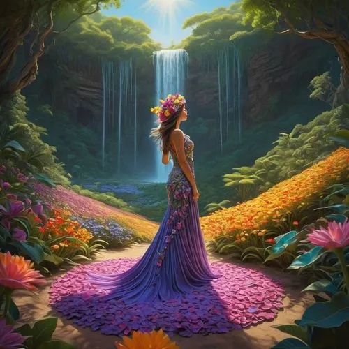 girl in flowers,fantasy picture,flower background,sea of flowers,mermaid background,splendor of flowers,fae,rapunzel,girl in a long dress,fairie,beautiful girl with flowers,flora,serenata,fairy peacock,fantasy art,field of flowers,tropical bloom,way of the roses,baoshun,garden of eden,Illustration,Realistic Fantasy,Realistic Fantasy 18