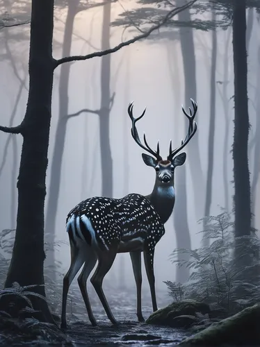 Write a poetic description of a graceful spotted deer in a misty forest.,winter deer,deer illustration,dotted deer,european deer,stag,forest animal,pere davids deer,pere davids male deer,christmas dee