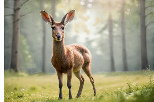 Gentle animal, herbivore, forest dweller, large brown eyes, soft fur, long ears, slender legs, cloven hooves, green meadow background, warm sunlight, 3/4 composition, shallow depth of field, naturalis