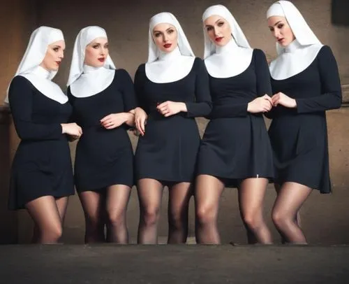 HJRYJKK,four nun girls posing in matching outfits for an advertit,nuns,nunsense,monjas,postulants,novitiate,womenpriests