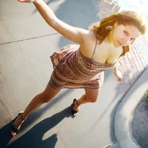 woman standing, legs spread, thick thighs, seen from above, high angle photography, short summer dress,pinup girl,roller skating,on the roof,retro pin up girl,magnolieacease,short dress,roller skate,p