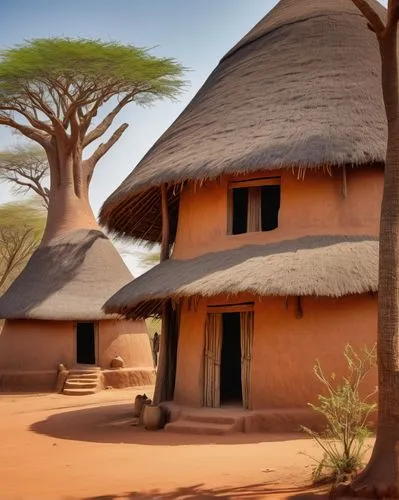 Ancient African architecture, mud huts, thatched roofs, wooden doors, intricate carvings, colorful textiles, vibrant patterns, sunny savannah, acacia trees, baobab trees, distant mountains, warm light