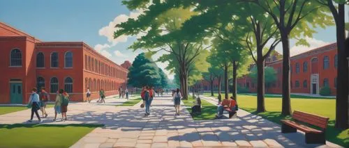 gallaudet university,street scene,spelman,depauw,birch alley,old linden alley,tulane,bluecoat,howard university,uvm,vsu,uiuc,red brick,chestnut avenue,tree-lined avenue,people walking,schoolyard,liacouras,red bricks,marietta,Art,Artistic Painting,Artistic Painting 09