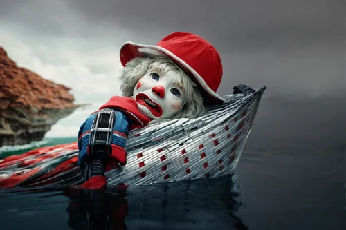 Floating,horror clown,scared santa claus,creepy clown,rotten boat,dinghy,sinking,scary clown,pierrot,row row row your boat,sailing saw,saint nicholas,jon boat,gondolier,it,rowboat,capsizes,the man in 