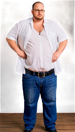 Very obese man, mature adult, balding hair, thick beard, glasses, white shirt with sweat stains, dark blue jeans, black leather belt, silver buckle, standing, weight on legs, belly hanging over pants,