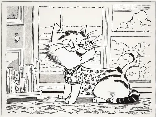 Describe Mandi the cat in a mischievous and playful mood.,coloring pages,cartoon cat,coloring page,cat cartoon,coloring pages kids,domestic short-haired cat,vintage cat,vintage cats,tabby cat,sylveste