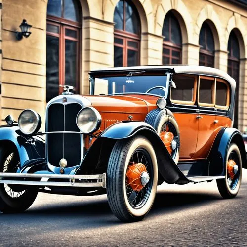 car retro in 1930 ,an orange car on the street next to a building,rolls royce 1926,amstutz,mercedes-benz 219,isotta,packard 8,mercedes-benz 220,Photography,General,Realistic