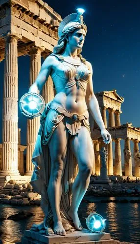 Athena defeated Poseidon in the competition for control of the city. She was called Athena Parthenon, which means "Virgin Athena".,a statue in front of a large building with columns and lights,neptuno