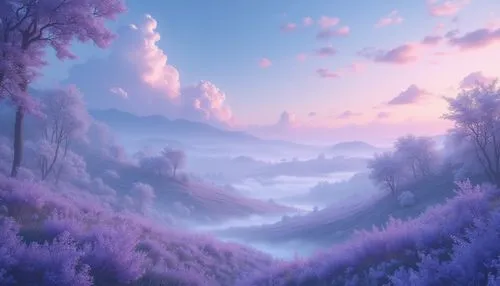 purple landscape,meadow in pastel,fantasy landscape,lavender field,lavender fields,landscape background,lavender,purple wallpaper,sea of clouds,foggy landscape,lilac,lilac tree,dreamscape,purple blue ground,beautiful landscape,light purple,pastel wallpaper,forest of dreams,nature background,fantasy picture,Photography,General,Realistic