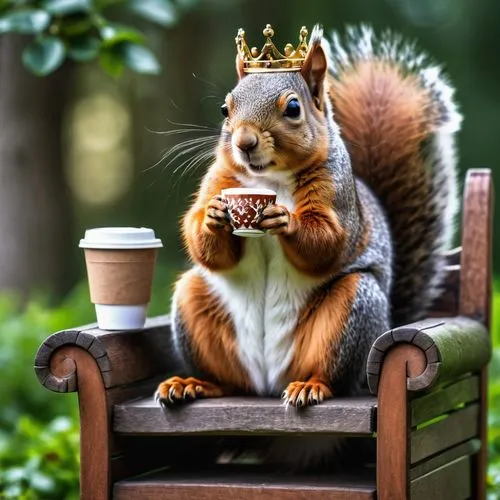 Squirrel sitting on a throne, drinking coffee, crown,relaxed squirrel,chilling squirrel,coffee break,woman drinking coffee,capuchino,drinking coffee,coffee time,coffee donation,tea drinking,kopi luwak