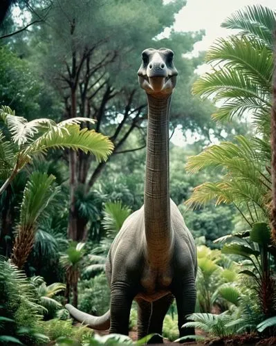 侏罗纪时代的蜥脚类恐龙（Diplodocus））懒洋洋地咀嚼着苏铁叶，靠近观看者，细致的面部表情、恐龙、热带气候、自然历史。,恐龍,brachiosaurus,camarasaurus,apatosaurus,plateosaurus,guanlong,iguanodon,Photography,Documentary Photography,Documentary Photography 02