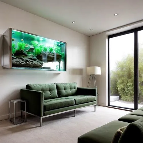 sofá verde, pernas de inox armário com aquário no fundo,living room modern tv,modern living room,contemporary decor,interior modern design,modern room,modern decor,intensely green hornbeam wallpaper,l