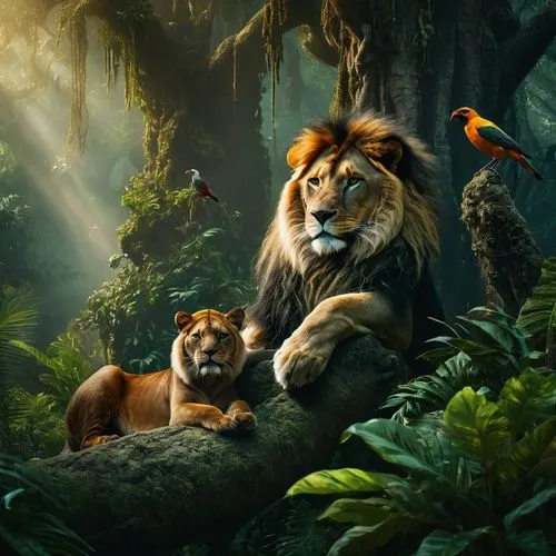 king of the jungle,forest king lion,male lions,lions couple,forest animals,lions,lionesses,two lion,lion children,tropical animals,lion father,big cats,lion king,the lion king,fantasy picture,wild animals,animal kingdom,simba,hunting scene,lion with cub,Photography,General,Fantasy