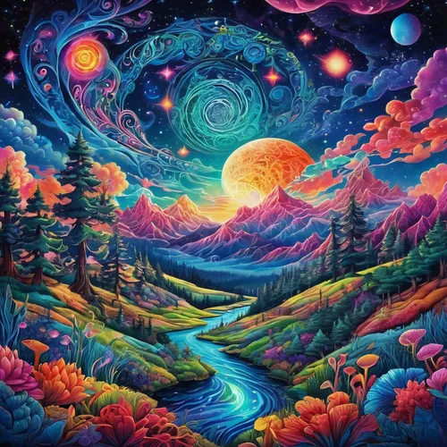 valley of the moon,psychedelic art,space art,lunar landscape,tapestry,colorful stars,mushroom landscape,forest of dreams,dream world,fantasy landscape,moon valley,lsd,colorful background,alien planet,psychedelic,the universe,pachamama,dimensional,universe,the mystical path,Illustration,Realistic Fantasy,Realistic Fantasy 39