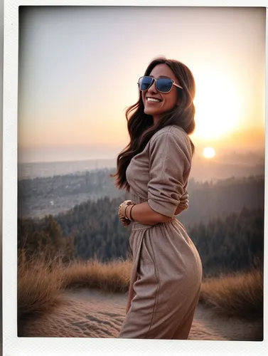 woman in grey dress with sunglasses at sunset,photosynth,sonakshi,image editing,namitha,sherine,griffith observatory