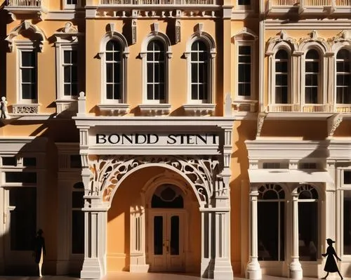 Bond Street, luxury shopping district, upscale urban atmosphere, elegant Victorian-era buildings, ornate facades, grand entranceways, marble columns, large glass windows, sophisticated storefronts, hi