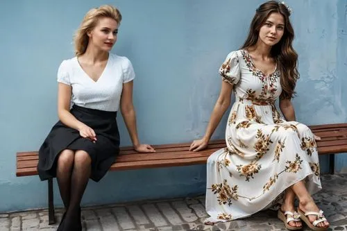 two Soviet girlfriends are sitting on the bench,two beautiful women sitting on a park bench,young model istanbul,serebro,women fashion,women clothes,hande,vintage girls