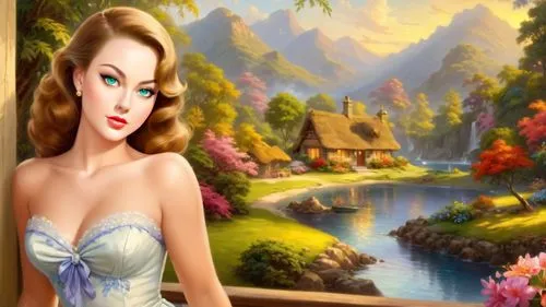 masterpiece oil painting, cute dainty dress, retro vintage, 1950's style nostalgic kitsch scene, cozy quaint tropical paradise, highly detailed, by Thomas Kinkade,a woman with blue eyes wearing a dres