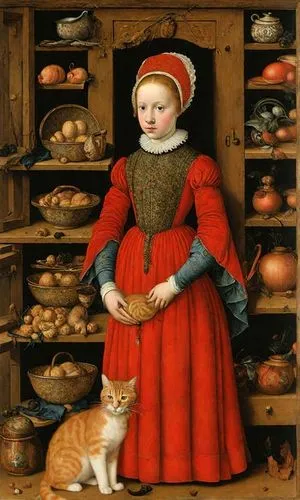 Correct the cat's anatomy, fix its paws,netherlandish,girl with bread-and-butter,girl in the kitchen,catesby,tudor,cranach,woman holding pie,elizabeth i,miniaturist,catroux,cat european,pinturicchio,r